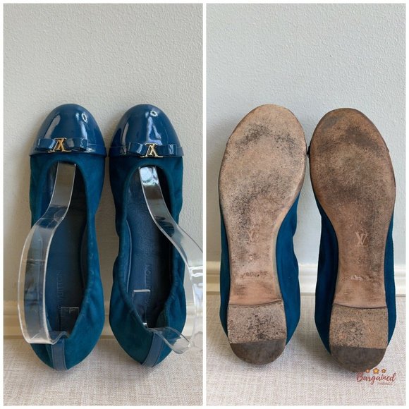 Authentic Louis Vuitton Blue Green Suede Patent Elba Elastic Ballerina Flats 7 - Picture 6 of 13